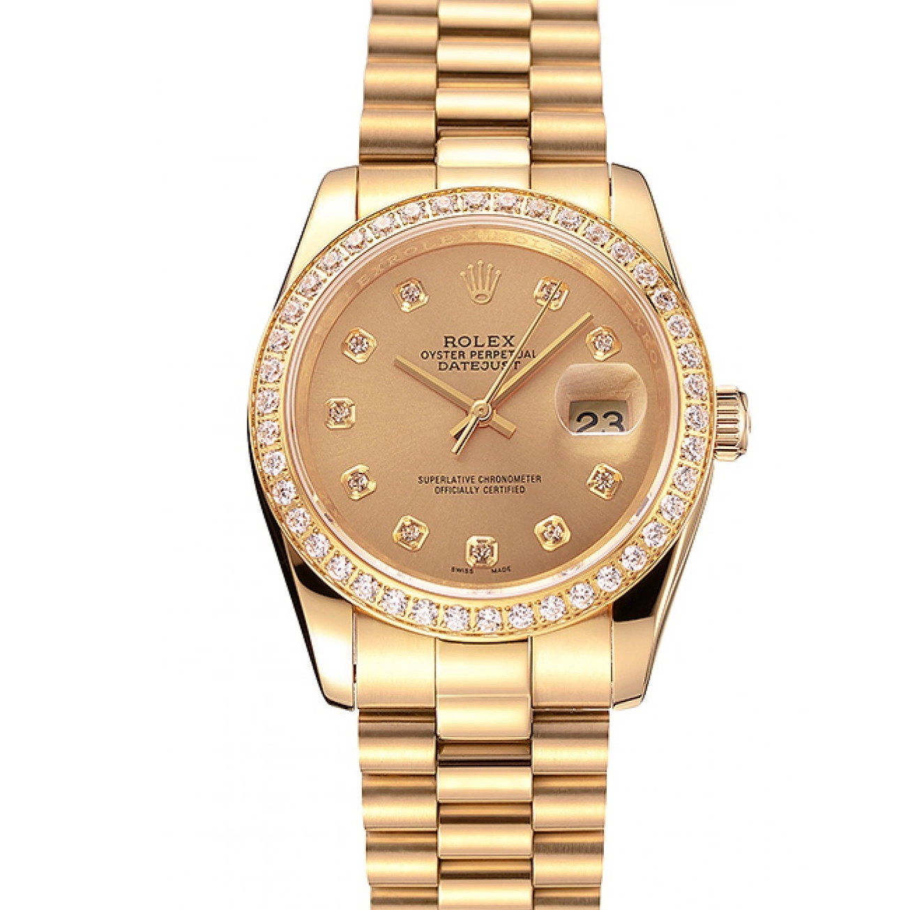 Aaa replica watch Champagne Bezel Bracelet Swiss Rolex Gold 1454097 Datejust Diamond Dial 0710